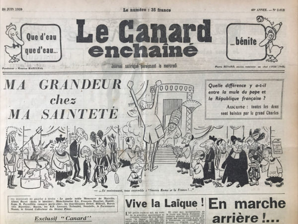 Couac ! | N° 2018 du Canard Enchaîné - 24 Juin 1959 | Nos Exemplaires du Canard Enchaîné sont archivés dans de bonnes conditions de conservation (obscurité, hygrométrie maitrisée et faible température), ce qui s'avère indispensable pour des journaux anciens. | 2018