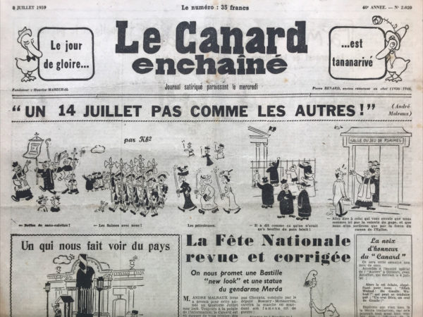 Couac ! | N° 2020 du Canard Enchaîné - 8 Juillet 1959 | Nos Exemplaires du Canard Enchaîné sont archivés dans de bonnes conditions de conservation (obscurité, hygrométrie maitrisée et faible température), ce qui s'avère indispensable pour des journaux anciens. | 2020