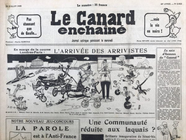 Couac ! | N° 2022 du Canard Enchaîné - 22 Juillet 1959 | Nos Exemplaires du Canard Enchaîné sont archivés dans de bonnes conditions de conservation (obscurité, hygrométrie maitrisée et faible température), ce qui s'avère indispensable pour des journaux anciens. | 2022