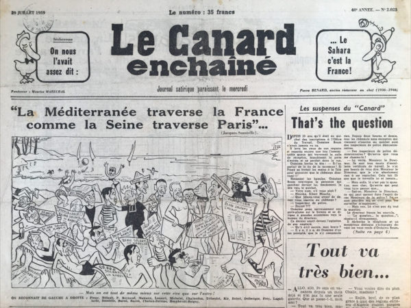 Couac ! | N° 2023 du Canard Enchaîné - 29 Juillet 1959 | Nos Exemplaires du Canard Enchaîné sont archivés dans de bonnes conditions de conservation (obscurité, hygrométrie maitrisée et faible température), ce qui s'avère indispensable pour des journaux anciens. | 2023