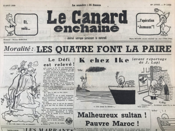 Couac ! | N° 2024 du Canard Enchaîné - 5 Août 1959 | Nos Exemplaires du Canard Enchaîné sont archivés dans de bonnes conditions de conservation (obscurité, hygrométrie maitrisée et faible température), ce qui s'avère indispensable pour des journaux anciens. | 2024