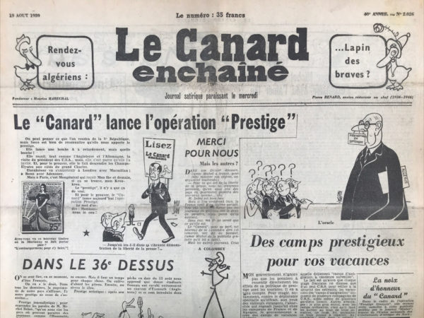 Couac ! | N° 2026 du Canard Enchaîné - 19 Août 1959 | Nos Exemplaires du Canard Enchaîné sont archivés dans de bonnes conditions de conservation (obscurité, hygrométrie maitrisée et faible température), ce qui s'avère indispensable pour des journaux anciens. | 2026