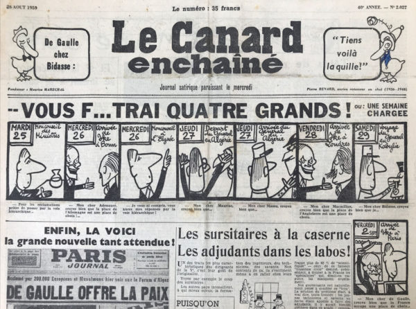 Couac ! | N° 2027 du Canard Enchaîné - 26 Août 1959 | Nos Exemplaires du Canard Enchaîné sont archivés dans de bonnes conditions de conservation (obscurité, hygrométrie maitrisée et faible température), ce qui s'avère indispensable pour des journaux anciens. | 2027