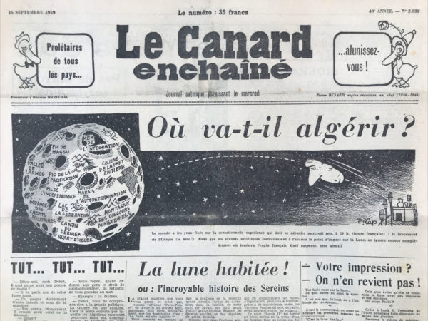 Couac ! | N° 2030 du Canard Enchaîné - 16 Septembre 1959 | OU VA-T-IL ALGERIR ? - CINEMA: LES LIAISINS DANGEREUSES DE VAILLAND CHODERLOS ET VADIM-POIRET ET SERRAULT A L'ALHAMBRA-UNE REPRISE? NON, UNE RECHUTE, DESSIN DE POL FERJAC (EDWIGE FEUILLERE DANS LA DAME AUX CAMELIAS) - L'EFFET GLAPION DE PIERRE AUDIBERTI (THEATRE LA BRUYERE), DESSIN DE POL FERJAC (JACQUES DUFILHO ET JACQUELINE GAUTHIER). | 2030