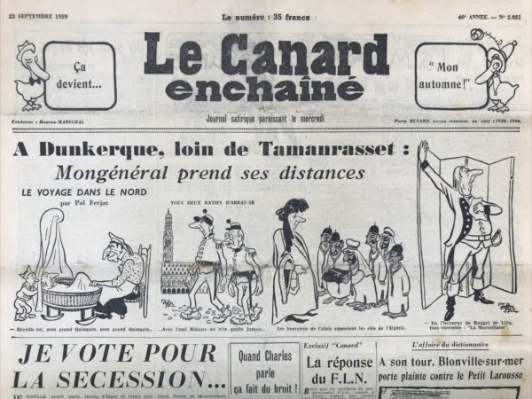 Couac ! | N° 2031 du Canard Enchaîné - 23 Septembre 1959 | Nos Exemplaires du Canard Enchaîné sont archivés dans de bonnes conditions de conservation (obscurité, hygrométrie maitrisée et faible température), ce qui s'avère indispensable pour des journaux anciens. | 2031