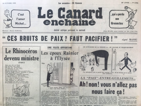 Couac ! | N° 2034 du Canard Enchaîné - 14 Octobre 1959 | Nos Exemplaires du Canard Enchaîné sont archivés dans de bonnes conditions de conservation (obscurité, hygrométrie maitrisée et faible température), ce qui s'avère indispensable pour des journaux anciens. | 2034