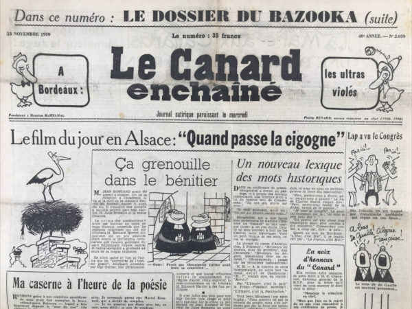 Couac ! | N° 2039 du Canard Enchaîné - 18 Novembre 1959 | Nos Exemplaires du Canard Enchaîné sont archivés dans de bonnes conditions de conservation (obscurité, hygrométrie maitrisée et faible température), ce qui s'avère indispensable pour des journaux anciens. | 2039