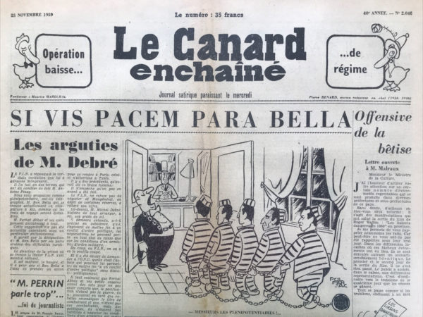 Couac ! | N° 2040 du Canard Enchaîné - 25 Novembre 1959 | Nos Exemplaires du Canard Enchaîné sont archivés dans de bonnes conditions de conservation (obscurité, hygrométrie maitrisée et faible température), ce qui s'avère indispensable pour des journaux anciens. | 2040