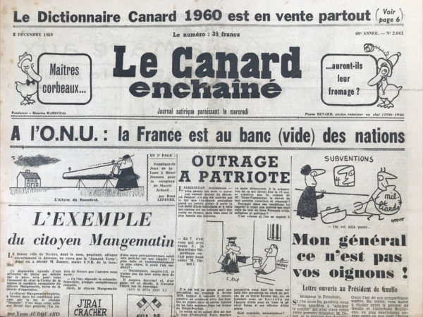 Couac ! | N° 2041 du Canard Enchaîné - 2 Décembre 1959 | Nos Exemplaires du Canard Enchaîné sont archivés dans de bonnes conditions de conservation (obscurité, hygrométrie maitrisée et faible température), ce qui s'avère indispensable pour des journaux anciens. | 2041