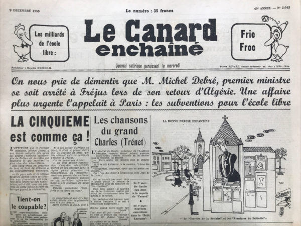 Couac ! | N° 2042 du Canard Enchaîné - 9 Décembre 1959 | Nos Exemplaires du Canard Enchaîné sont archivés dans de bonnes conditions de conservation (obscurité, hygrométrie maitrisée et faible température), ce qui s'avère indispensable pour des journaux anciens. | 2042