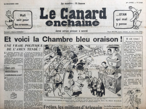 Couac ! | N° 2043 du Canard Enchaîné - 16 Décembre 1959 | Alors, ça recommence ? par R. Tréno - Le canard vient d'être saisi à Alger. On ne comprend pas vraiment à la lecture de l'hebdomadaire. La situation s'éclaircit trois jours plus tard, les autorités ayant aussi saisi France-Observateur, L'Express et Témoignage Chrétien... Les Ultras reprennent du poil de la bête ? | 2043