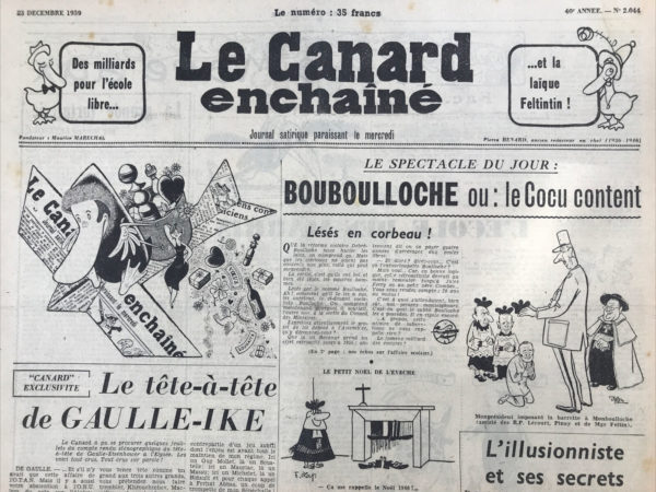 Couac ! | N° 2044 du Canard Enchaîné - 23 Décembre 1959 | Nos Exemplaires du Canard Enchaîné sont archivés dans de bonnes conditions de conservation (obscurité, hygrométrie maitrisée et faible température), ce qui s'avère indispensable pour des journaux anciens. | 2044