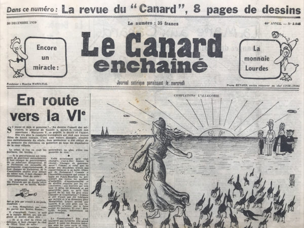 Couac ! | N° 2045 du Canard Enchaîné - 30 Décembre 1959 | Nos Exemplaires du Canard Enchaîné sont archivés dans de bonnes conditions de conservation (obscurité, hygrométrie maitrisée et faible température), ce qui s'avère indispensable pour des journaux anciens. | 2045