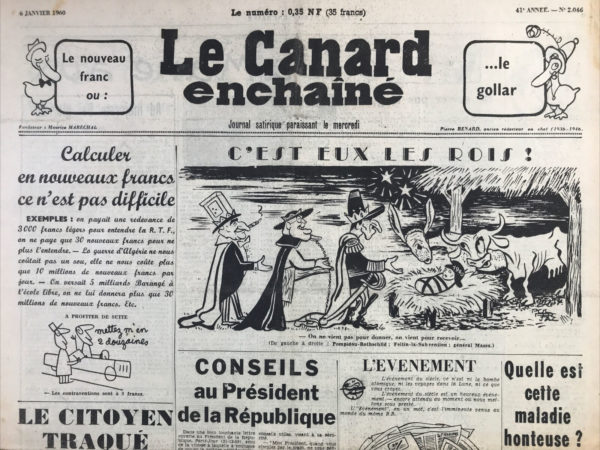 Couac ! | N° 2046 du Canard Enchaîné - 6 Janvier 1960 | Nos Exemplaires du Canard Enchaîné sont archivés dans de bonnes conditions de conservation (obscurité, hygrométrie maitrisée et faible température), ce qui s'avère indispensable pour des journaux anciens. | 2046