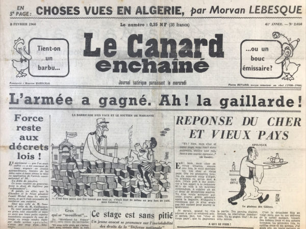 Couac ! | N° 2050 du Canard Enchaîné - 3 Février 1960 | Nos Exemplaires du Canard Enchaîné sont archivés dans de bonnes conditions de conservation (obscurité, hygrométrie maitrisée et faible température), ce qui s'avère indispensable pour des journaux anciens. | 2050