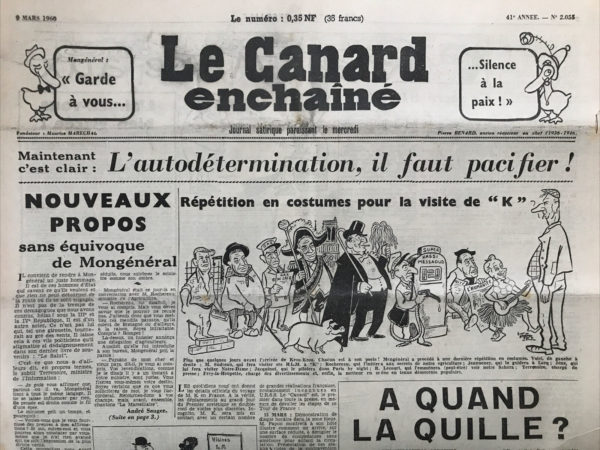 Couac ! | N° 2055 du Canard Enchaîné - 9 Mars 1960 | Nos Exemplaires du Canard Enchaîné sont archivés dans de bonnes conditions de conservation (obscurité, hygrométrie maitrisée et faible température), ce qui s'avère indispensable pour des journaux anciens. | 2055