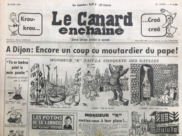 Couac ! | N° 2058 du Canard Enchaîné - 30 Mars 1960 | Nos Exemplaires du Canard Enchaîné sont archivés dans de bonnes conditions de conservation (obscurité, hygrométrie maitrisée et faible température), ce qui s'avère indispensable pour des journaux anciens. | 2058