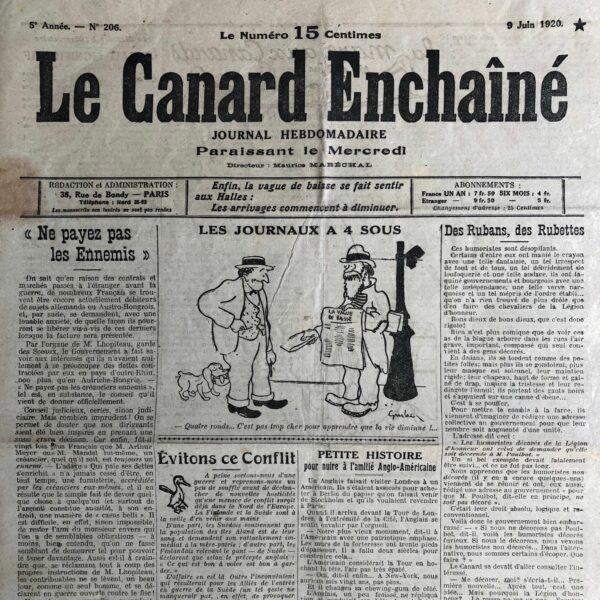 Couac ! | N° 206 du Canard Enchaîné - 9 Juin 1920 | Nos Exemplaires du Canard Enchaîné sont archivés dans de bonnes conditions de conservation (obscurité, hygrométrie maitrisée et faible température), ce qui s'avère indispensable pour des journaux anciens. | 206 rotated