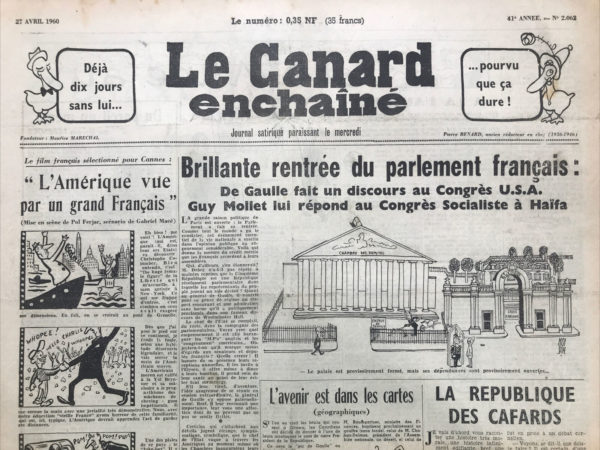 Couac ! | N° 2062 du Canard Enchaîné - 27 Avril 1960 | Nos Exemplaires du Canard Enchaîné sont archivés dans de bonnes conditions de conservation (obscurité, hygrométrie maitrisée et faible température), ce qui s'avère indispensable pour des journaux anciens. | 2062