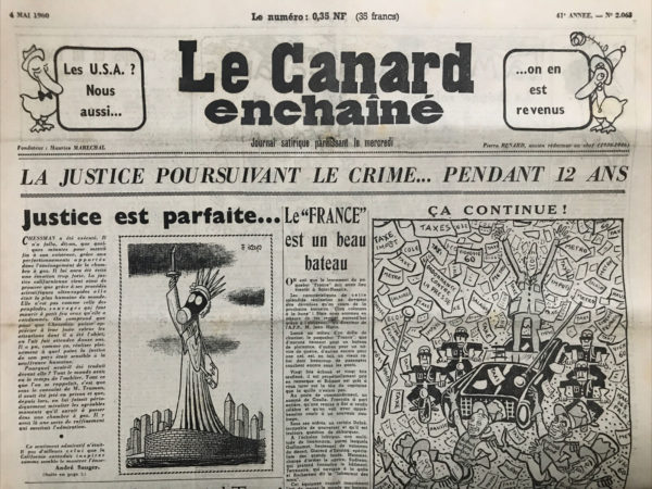 Couac ! | N° 2063 du Canard Enchaîné - 4 Mai 1960 | Nos Exemplaires du Canard Enchaîné sont archivés dans de bonnes conditions de conservation (obscurité, hygrométrie maitrisée et faible température), ce qui s'avère indispensable pour des journaux anciens. | 2063