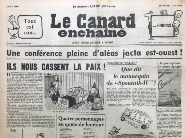 Couac ! | N° 2065 du Canard Enchaîné - 18 Mai 1960 | Nos Exemplaires du Canard Enchaîné sont archivés dans de bonnes conditions de conservation (obscurité, hygrométrie maitrisée et faible température), ce qui s'avère indispensable pour des journaux anciens. | 2065