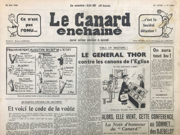 Couac ! | N° 2066 du Canard Enchaîné - 25 Mai 1960 | Nos Exemplaires du Canard Enchaîné sont archivés dans de bonnes conditions de conservation (obscurité, hygrométrie maitrisée et faible température), ce qui s'avère indispensable pour des journaux anciens. | 2066