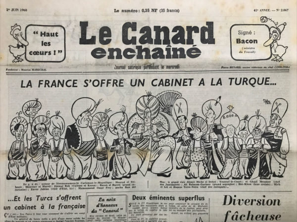 Couac ! | N° 2067 du Canard Enchaîné - 1 Juin 1960 | Nos Exemplaires du Canard Enchaîné sont archivés dans de bonnes conditions de conservation (obscurité, hygrométrie maitrisée et faible température), ce qui s'avère indispensable pour des journaux anciens. | 2067