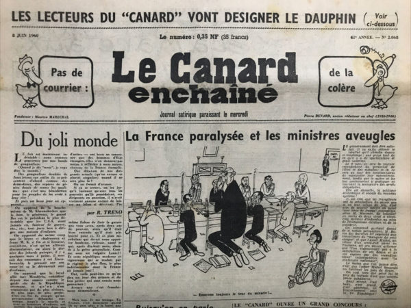 Couac ! | N° 2068 du Canard Enchaîné - 8 Juin 1960 | Nos Exemplaires du Canard Enchaîné sont archivés dans de bonnes conditions de conservation (obscurité, hygrométrie maitrisée et faible température), ce qui s'avère indispensable pour des journaux anciens. | 2068