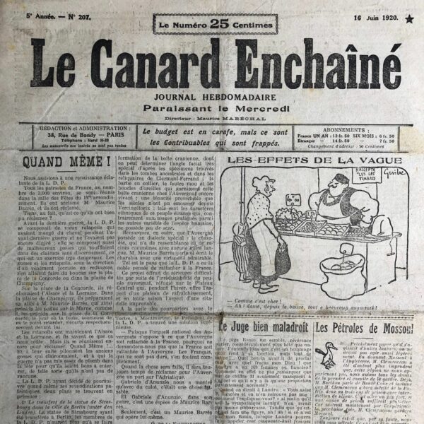 Couac ! | N° 207 du Canard Enchaîné - 16 Juin 1920 | Nos Exemplaires du Canard Enchaîné sont archivés dans de bonnes conditions de conservation (obscurité, hygrométrie maitrisée et faible température), ce qui s'avère indispensable pour des journaux anciens. | 207 rotated