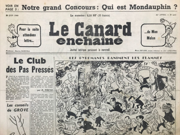 Couac ! | N° 2071 du Canard Enchaîné - 29 Juin 1960 | Nos Exemplaires du Canard Enchaîné sont archivés dans de bonnes conditions de conservation (obscurité, hygrométrie maitrisée et faible température), ce qui s'avère indispensable pour des journaux anciens. | 2071