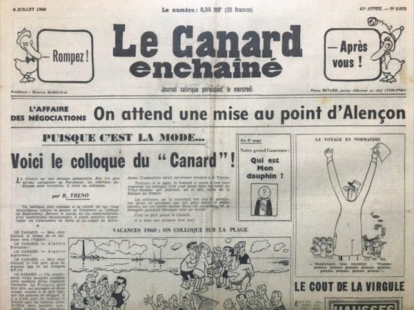 Couac ! | N° 2072 du Canard Enchaîné - 6 Juillet 1960 | Nos Exemplaires du Canard Enchaîné sont archivés dans de bonnes conditions de conservation (obscurité, hygrométrie maitrisée et faible température), ce qui s'avère indispensable pour des journaux anciens. | 2072