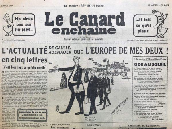 Couac ! | N° 2076 du Canard Enchaîné - 3 Août 1960 | Nos Exemplaires du Canard Enchaîné sont archivés dans de bonnes conditions de conservation (obscurité, hygrométrie maitrisée et faible température), ce qui s'avère indispensable pour des journaux anciens. | 2076