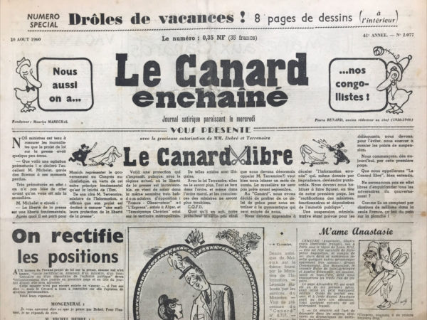 Couac ! | N° 2077 du Canard Enchaîné - 10 Août 1960 | Nos Exemplaires du Canard Enchaîné sont archivés dans de bonnes conditions de conservation (obscurité, hygrométrie maitrisée et faible température), ce qui s'avère indispensable pour des journaux anciens. | 2077