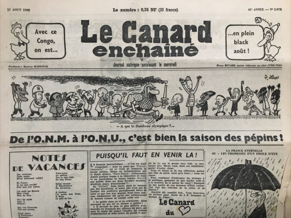 Couac ! | N° 2078 du Canard Enchaîné - 17 Août 1960 | Nos Exemplaires du Canard Enchaîné sont archivés dans de bonnes conditions de conservation (obscurité, hygrométrie maitrisée et faible température), ce qui s'avère indispensable pour des journaux anciens. | 2078