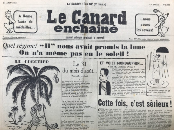 Couac ! | N° 2080 du Canard Enchaîné - 31 Août 1960 | Nos Exemplaires du Canard Enchaîné sont archivés dans de bonnes conditions de conservation (obscurité, hygrométrie maitrisée et faible température), ce qui s'avère indispensable pour des journaux anciens. | 2080