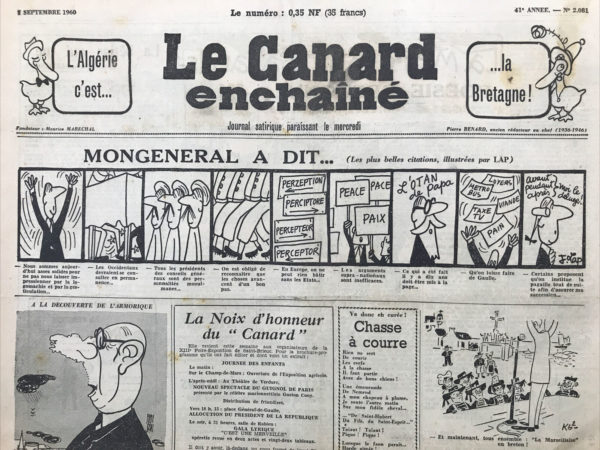 Couac ! | N° 2081 du Canard Enchaîné - 7 Septembre 1960 | Nos Exemplaires du Canard Enchaîné sont archivés dans de bonnes conditions de conservation (obscurité, hygrométrie maitrisée et faible température), ce qui s'avère indispensable pour des journaux anciens. | 2081