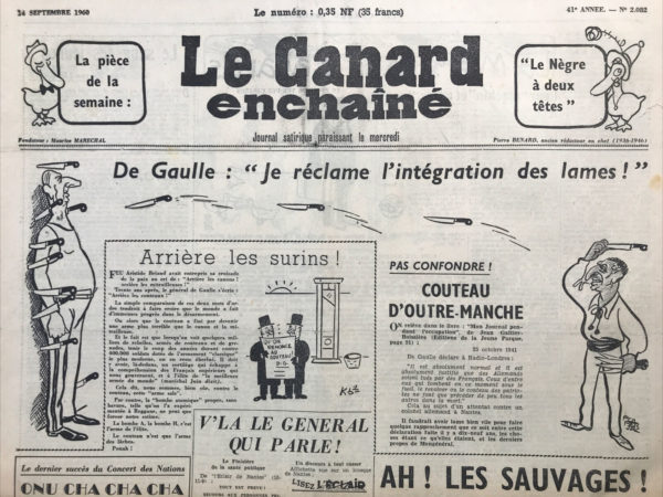 Couac ! | N° 2082 du Canard Enchaîné - 14 Septembre 1960 | Nos Exemplaires du Canard Enchaîné sont archivés dans de bonnes conditions de conservation (obscurité, hygrométrie maitrisée et faible température), ce qui s'avère indispensable pour des journaux anciens. | 2082