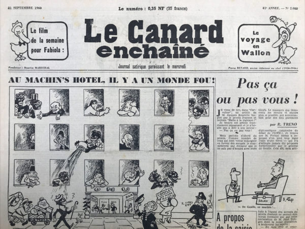 Couac ! | N° 2083 du Canard Enchaîné - 21 Septembre 1960 | Louis XIV fut très souvent utilisé, en particulier par Moisan qui illustra sans discontinuer « La Cour » de Roger Fressoz, alias André Ribaud, du 21 septembre 1960 à juin 1969 (« La Cour » étant elle-même un pastiche des mémorialistes de cour des xviie et xviiie siècles) mais on trouve aussi, dans cette véritable galerie de portraits de l’histoire de France, Louis-Philippe, le général Boulanger, Jeanne d’Arc, Louis XI … MARTIN Laurent, « De Gaulle et Le Canard enchaîné : je t'admire, moi non plus », Sociétés & Représentations, 2013/2 (n° 36), p. 109-123. DOI : 10.3917/sr.036.0109. URL : https://www.cairn.info/revue-societes-et-representations-2013-2-page-109.htm | 2083