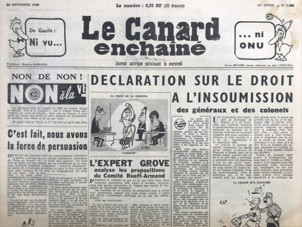 Couac ! | N° 2084 du Canard Enchaîné - 28 Septembre 1960 | Nos Exemplaires du Canard Enchaîné sont archivés dans de bonnes conditions de conservation (obscurité, hygrométrie maitrisée et faible température), ce qui s'avère indispensable pour des journaux anciens. | 2084