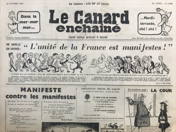 Couac ! | N° 2086 du Canard Enchaîné - 12 Octobre 1960 | Chroniques de la Cour, d’André Ribaud - Visite de De Gaulle à Grenoble, qui ne fut pas un succès, puis en Savoie, où il fut acclamé. Le Ministre de l’Intérieur Chatenet, qui l'accompagnait, avait été réprimandé par De Gaulle, suite à des agitations lors du défilé des anciens combattants. De Gaulle n’était pas content également que durant ce défilé, des femmes de maréchaux défilaient avec les anciens combattants. | 2086