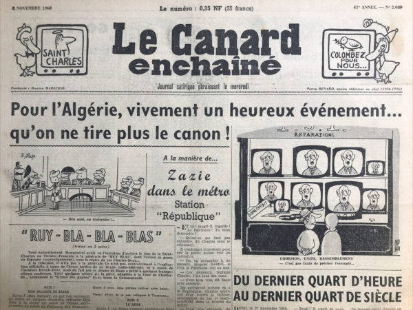 Couac ! | N° 2089 du Canard Enchaîné - 2 Novembre 1960 | Chroniques de la Cour, d’André Ribaud - Bon mot sur les flatteries diverses des ministres auprès de De Gaulle. Venue du Président de Madagascar à Paris. Absence de Chaban-Delmas, Président de l’Assemblée Nationale, lors de cette venue. Tenue d’une partie de chasse à Rambouillet auquel De Gaulle, mauvais chasseur, ne participa pas. Tixier-Vignancourt, député d’extrême-droite, est condamné pour insultes envers De Gaulle, Debré, et la magistrature. | 2089