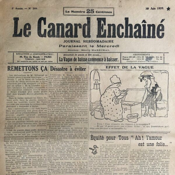 Couac ! | N° 209 du Canard Enchaîné - 30 Juin 1920 | Nos Exemplaires du Canard Enchaîné sont archivés dans de bonnes conditions de conservation (obscurité, hygrométrie maitrisée et faible température), ce qui s'avère indispensable pour des journaux anciens. | 209 rotated