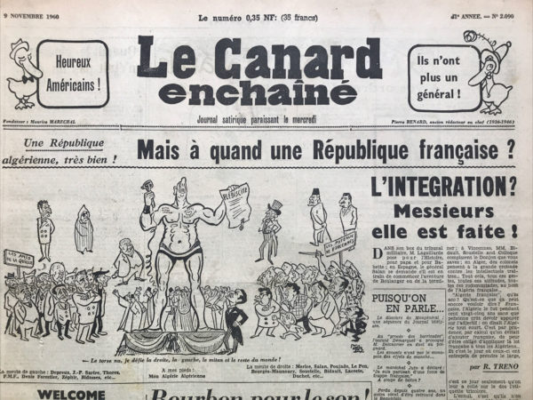 Couac ! | N° 2090 du Canard Enchaîné - 9 Novembre 1960 | Chroniques de la Cour, d’André Ribaud - Allocution télévisée du Président. Querelles entre Couve de Murville, ministre des Affaires Étrangères protestant, et Chodron de Courcel, secrétaire général du Président de confession catholique. Moquerie sur la Saint-Michel non souhaitée à Michel Debré, au contraire de la Saint-Charles. | 2090