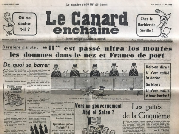 Couac ! | N° 2094 du Canard Enchaîné - 7 Décembre 1960 | Nos Exemplaires du Canard Enchaîné sont archivés dans de bonnes conditions de conservation (obscurité, hygrométrie maitrisée et faible température), ce qui s'avère indispensable pour des journaux anciens. | 2094