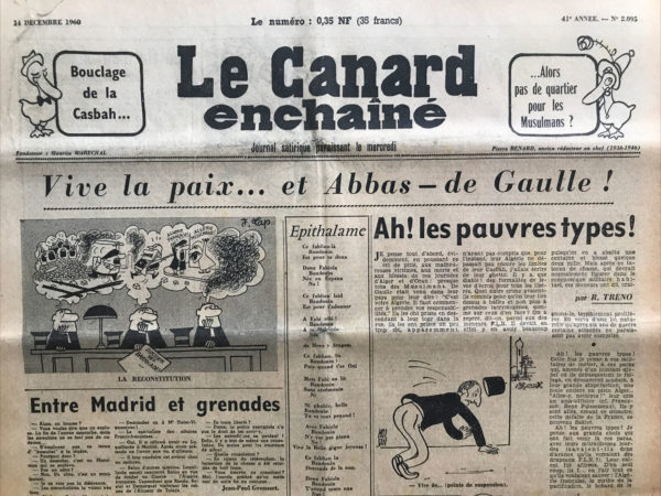 Couac ! | N° 2095 du Canard Enchaîné - 14 Décembre 1960 | Nos Exemplaires du Canard Enchaîné sont archivés dans de bonnes conditions de conservation (obscurité, hygrométrie maitrisée et faible température), ce qui s'avère indispensable pour des journaux anciens. | 2095