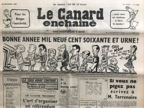 Couac ! | N° 2097 du Canard Enchaîné - 28 Décembre 1960 | Nos Exemplaires du Canard Enchaîné sont archivés dans de bonnes conditions de conservation (obscurité, hygrométrie maitrisée et faible température), ce qui s'avère indispensable pour des journaux anciens. | 2097