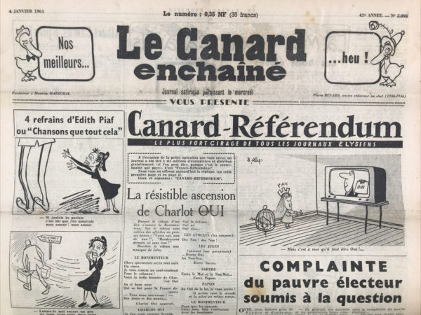 Couac ! | N° 2098 du Canard Enchaîné - 4 Janvier 1961 | Nos Exemplaires du Canard Enchaîné sont archivés dans de bonnes conditions de conservation (obscurité, hygrométrie maitrisée et faible température), ce qui s'avère indispensable pour des journaux anciens. | 2098