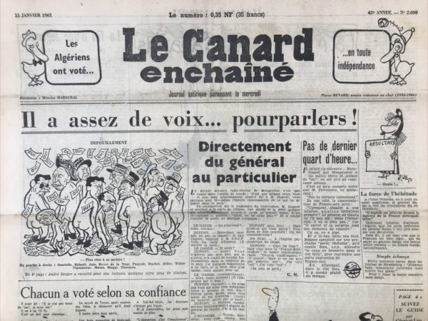 Couac ! | N° 2099 du Canard Enchaîné - 11 Janvier 1961 | Nos Exemplaires du Canard Enchaîné sont archivés dans de bonnes conditions de conservation (obscurité, hygrométrie maitrisée et faible température), ce qui s'avère indispensable pour des journaux anciens. | 2099