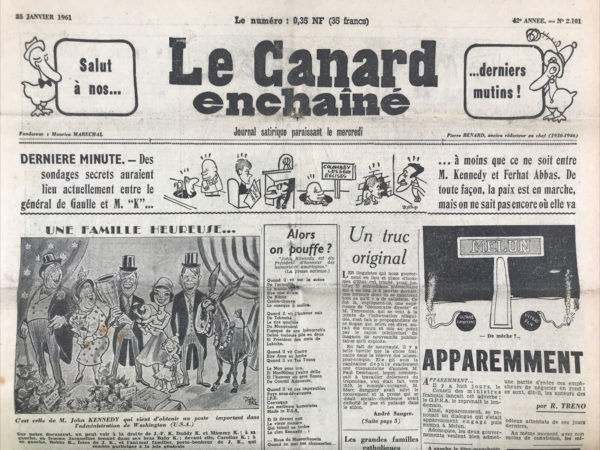 Couac ! | N° 2101 du Canard Enchaîné - 25 Janvier 1961 | Nos Exemplaires du Canard Enchaîné sont archivés dans de bonnes conditions de conservation (obscurité, hygrométrie maitrisée et faible température), ce qui s'avère indispensable pour des journaux anciens. | 2101