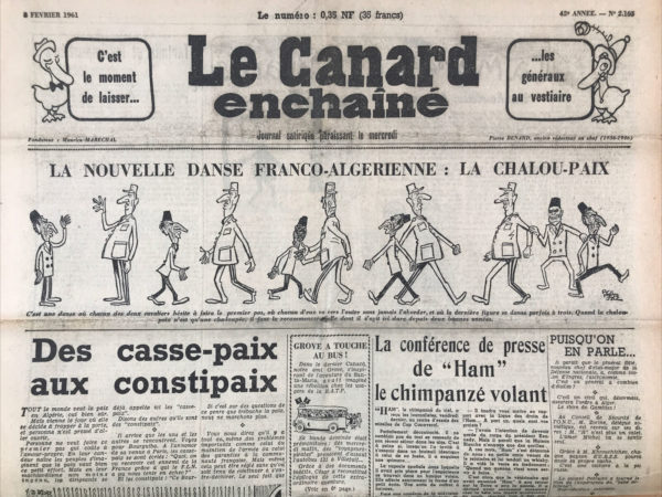 Couac ! | N° 2103 du Canard Enchaîné - 8 Février 1961 | Nos Exemplaires du Canard Enchaîné sont archivés dans de bonnes conditions de conservation (obscurité, hygrométrie maitrisée et faible température), ce qui s'avère indispensable pour des journaux anciens. | 2103